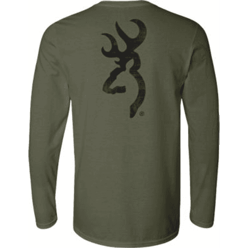 Browning Men's Black Distressed Buckmark on Military Green Long Sleeve T-Shirt Browning Men's Black Distressed Buckmark on Military Green Long Sleeve T-Shirt