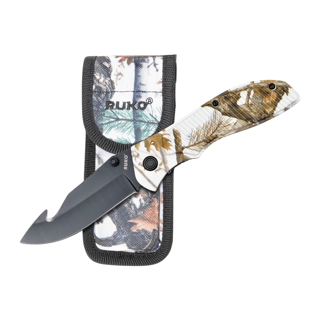 Ruko Knives RUK0106GHTND-CS 106 Series 3.50" Folding Plain/Gut Hook Black Oxide 440A Stainless Steel Blade, Woodlands Tundra Ruko Knives RUK0106GHTND-CS 106 Series 3.50" Folding Plain/Gut Hook Black Oxide 440A Stainless Steel Blade, Woodlands Tundra