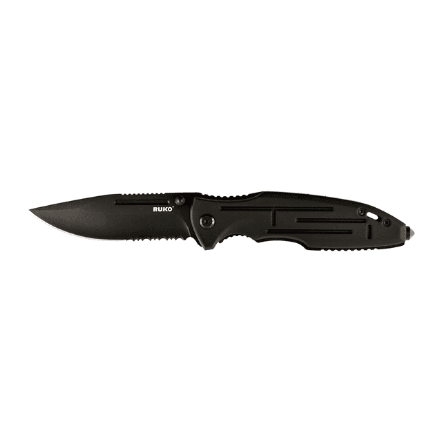 Ruko Knives RUK0153 Shark Folding Part Serrated Black Oxide 420 Stainless Steel Blade, Black Anodized Aluminum/Rubber Handle Ruko Knives RUK0153 Shark Folding Part Serrated Black Oxide 420 Stainless Steel Blade, Black Anodized Aluminum/Rubber Handle