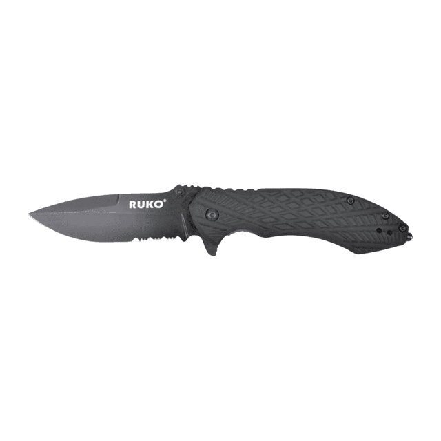 Ruko Knives RUK0182SBBK Socius 3.25" Folding Part Serrated Black Oxide 440C SS Blade, Black Aluminum/Rubber Handle Ruko Knives RUK0182SBBK Socius 3.25" Folding Part Serrated Black Oxide 440C SS Blade, Black Aluminum/Rubber Handle