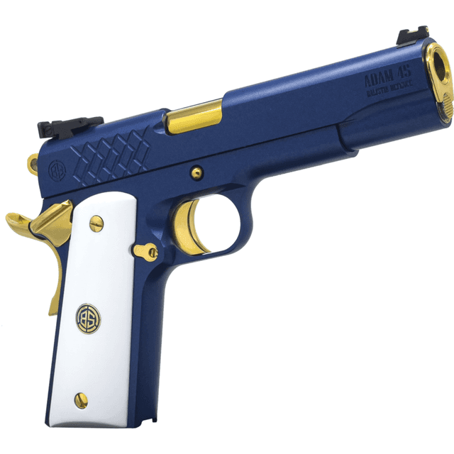 Dickinson LLC DKSN45SM Adam 1911 Sapphire Full Size 45 ACP 8+1 5" Gold Barrel, Blue Sapphire Steel Dickinson LLC DKSN45SM Adam 1911 Sapphire Full Size 45 ACP 8+1 5" Gold Barrel, Blue Sapphire Steel