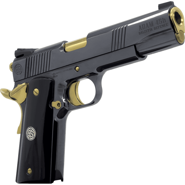 Dickinson LLC DKSN45AB Adam 1911 Acoustic Full Size 45 ACP 8+1 5" Gold Barrel, Shiny Black Steel Dickinson LLC DKSN45AB Adam 1911 Acoustic Full Size 45 ACP 8+1 5" Gold Barrel, Shiny Black Steel