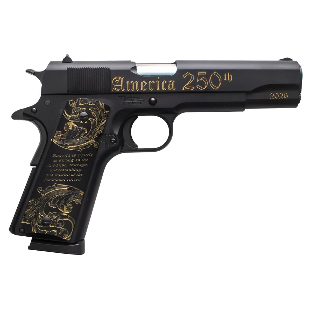 Tisas Arms 10100518US250 1911 America's 250th Full Size 45 ACP 7+1 5" Stainless Barrel, Black w/Gold Tisas Arms 10100518US250 1911 America's 250th Full Size 45 ACP 7+1 5" Stainless Barrel, Black w/Gold