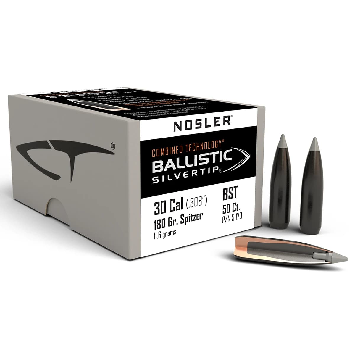 Nosler 51170 Ballistic Silvertip 30 Cal 180gr Spitzer Point 50 Nosler 51170 Ballistic Silvertip 30 Cal 180gr Spitzer Point 50