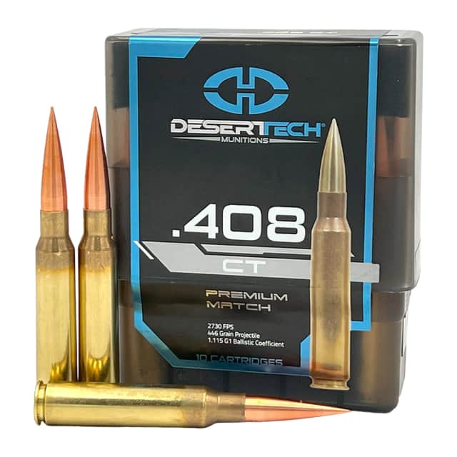 Desert Tech DTM408400BX Premium Match 408 CheyTac 446gr Boat Tail Hollow Point 10 Per Box Desert Tech DTM408400BX Premium Match 408 CheyTac 446gr Boat Tail Hollow Point 10 Per Box