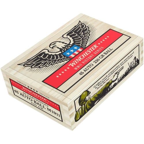 Winchester Victory Series .45 ACP Ammunition 50 Rounds 230 Grain M1911 Ball FMJ 855fps WWII Collector Carton Winchester Victory Series .45 ACP Ammunition 50 Rounds 230 Grain M1911 Ball FMJ 855fps WWII Collector Carton
