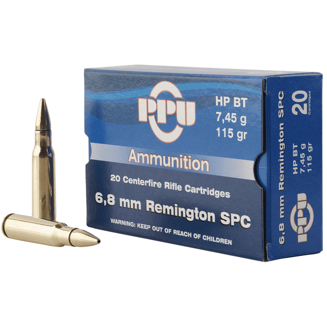 PPU Standard Rifle 6.8mm Rem SPC 115 gr Full Metal Jacket Boat-Tail (FMJBT) - PP68F PPU Standard Rifle 6.8mm Rem SPC 115 gr Full Metal Jacket Boat-Tail (FMJBT) - PP68F