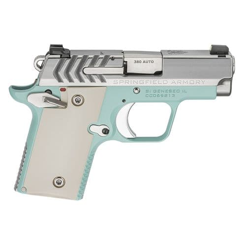 SPRINGFIELD ARMORY 911 .380 ACP PISTOL WITH NIGHT SIGHTS, TIFFANY BLUE AND STAINLESS SPRINGFIELD ARMORY 911 .380 ACP PISTOL WITH NIGHT SIGHTS, TIFFANY BLUE AND STAINLESS