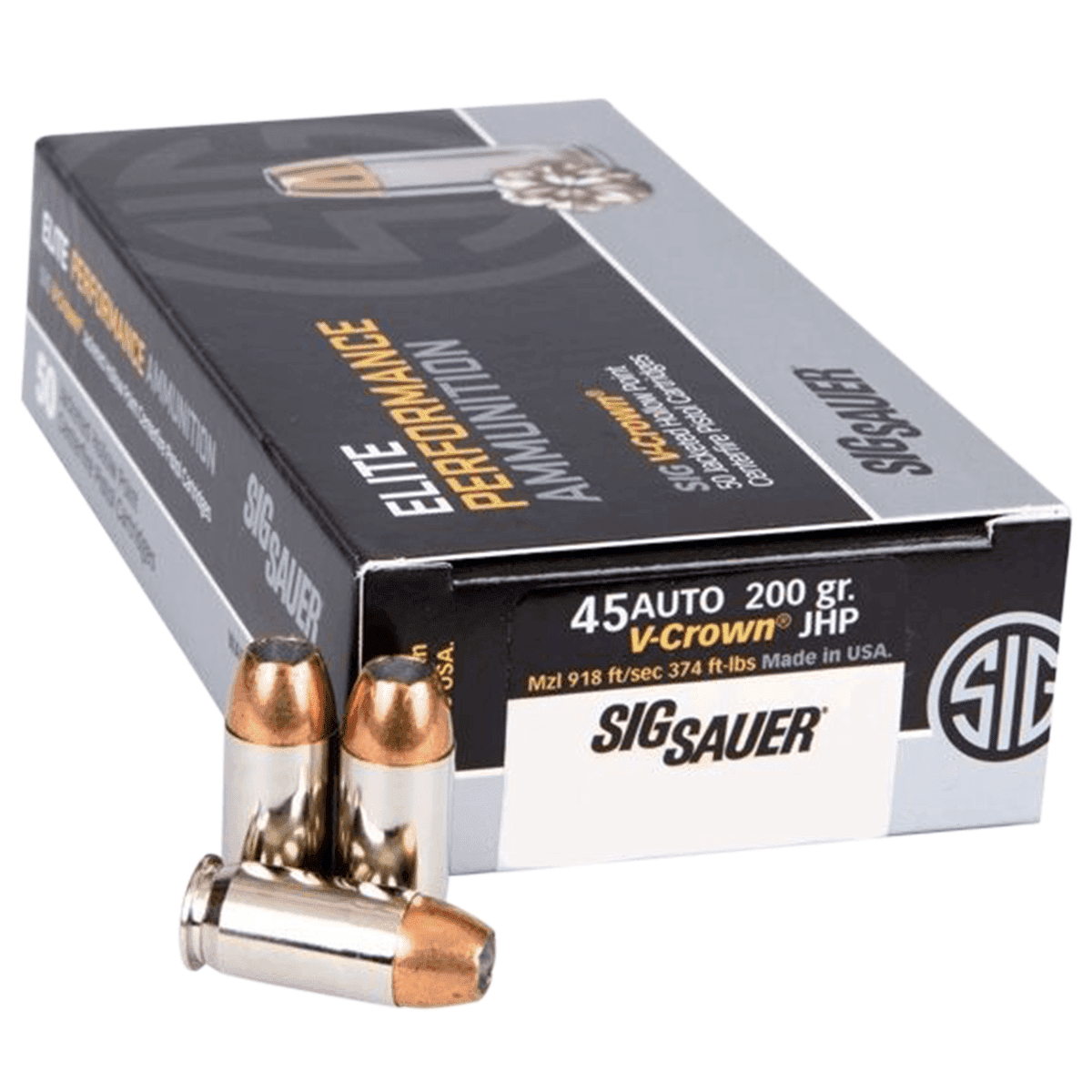 Sig Sauer E45AP150 Elite V-Crown 45 ACP 200 GR Jacketed Hollow Point (JHP) 50 Bx/ 20 Cs Sig Sauer E45AP150 Elite V-Crown 45 ACP 200 GR Jacketed Hollow Point (JHP) 50 Bx/ 20 Cs