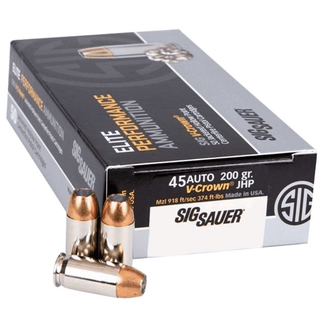 Sig Sauer E45AP150 Elite V-Crown 45 ACP 200 GR Jacketed Hollow Point (JHP) 50 Bx/ 20 Cs Sig Sauer E45AP150 Elite V-Crown 45 ACP 200 GR Jacketed Hollow Point (JHP) 50 Bx/ 20 Cs