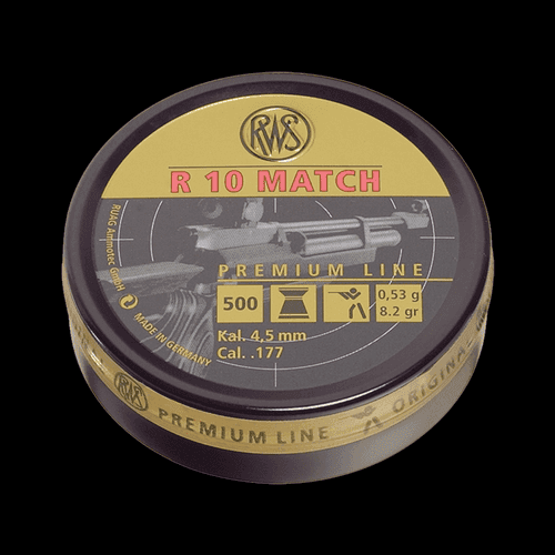 RWS R 10 Match Premium Line Air Gun Pellets .177 Caliber 8.2 Grain Flat Nose Lead Pellet 500 Round Tin RWS R 10 Match Premium Line Air Gun Pellets .177 Caliber 8.2 Grain Flat Nose Lead Pellet 500 Round Tin