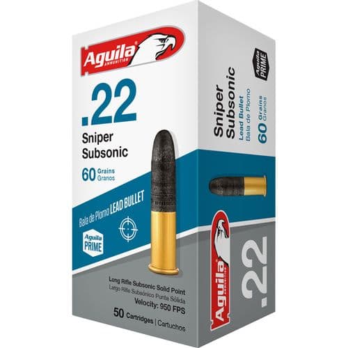 Aguila Sniper 1B220112 Subsonic SSS 22 Long Rifle Ammo 60 Grain Lead Round Nose 50rds Aguila Sniper 1B220112 Subsonic SSS 22 Long Rifle Ammo 60 Grain Lead Round Nose 50rds