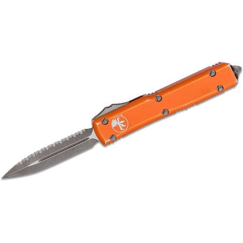 Microtech Ultratech distressed orange double edge OTF knife Stonewash full serrated blade Microtech Ultratech distressed orange double edge OTF knife Stonewash full serrated blade