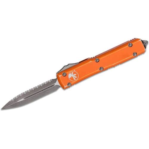 Microtech Ultratech distressed orange double edge OTF knife Stonewash full serrated blade Microtech Ultratech distressed orange double edge OTF knife Stonewash full serrated blade