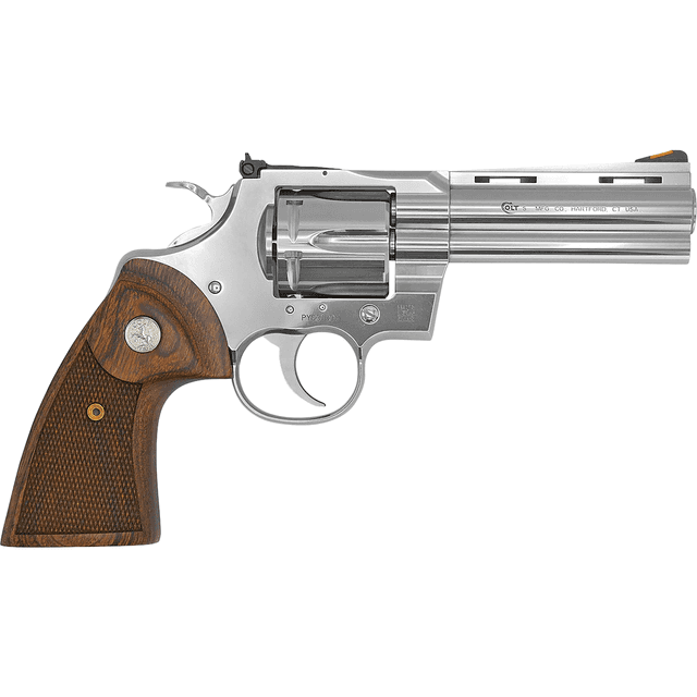 Colt Mfg PYTHONSP4WTS Python 38 Special/357 Mag 6 Shot 4.25" Stainless Vent Recessed Target/Vent Rib Barrel, Cylinder & Frame, Walnut w/Colt Medallion Grip Colt Mfg PYTHONSP4WTS Python 38 Special/357 Mag 6 Shot 4.25" Stainless Vent Recessed Target/Vent Rib Barrel, Cylinder & Frame, Walnut w/Colt Medallion Grip