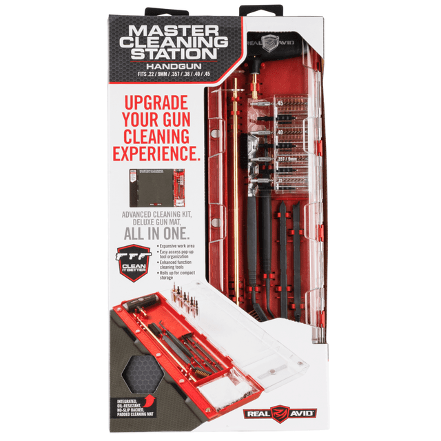 Real Avid Master Cleaning Station Pistol .22/9mm/.357/.38/.40/.45 Cal Bronze, Nylon Real Avid Master Cleaning Station Pistol .22/9mm/.357/.38/.40/.45 Cal Bronze, Nylon