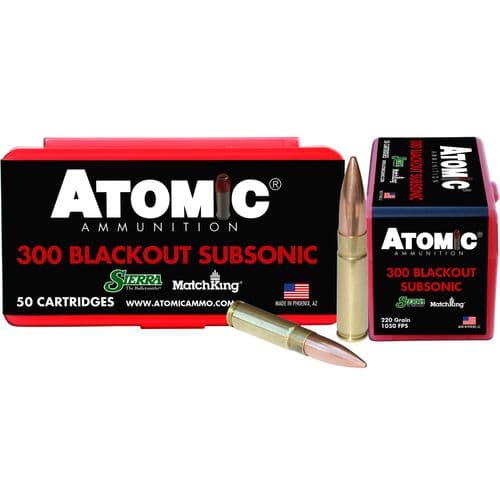 Atomic 00465 Rifle Subsonic 300 Blackout 220 gr Hollow Point Boat Tail 50 Bx/ 10 Cs Atomic 00465 Rifle Subsonic 300 Blackout 220 gr Hollow Point Boat Tail 50 Bx/ 10 Cs