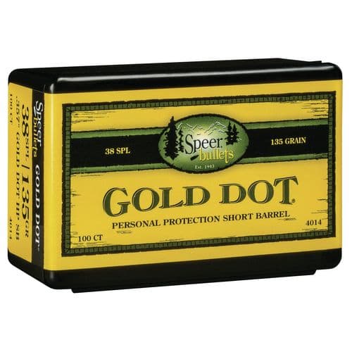 Speer Bullets 4014 Gold Dot Personal Protection Short Barrel 38 Caliber .357 135 GR Hollow Point 100 Box Speer Bullets 4014 Gold Dot Personal Protection Short Barrel 38 Caliber .357 135 GR Hollow Point 100 Box