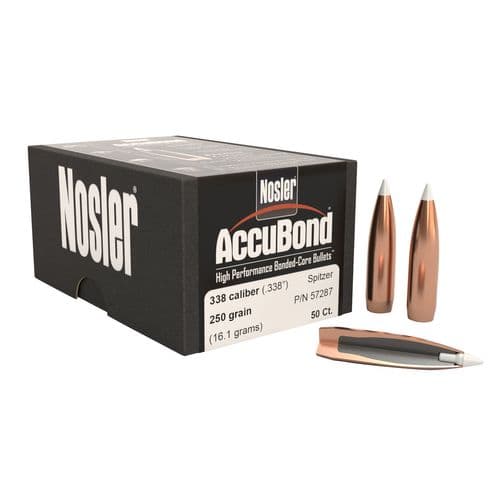 Nosler 57287 AccuBond 338 Caliber .338 250 GR Spitzer Point 50 Box Nosler 57287 AccuBond 338 Caliber .338 250 GR Spitzer Point 50 Box
