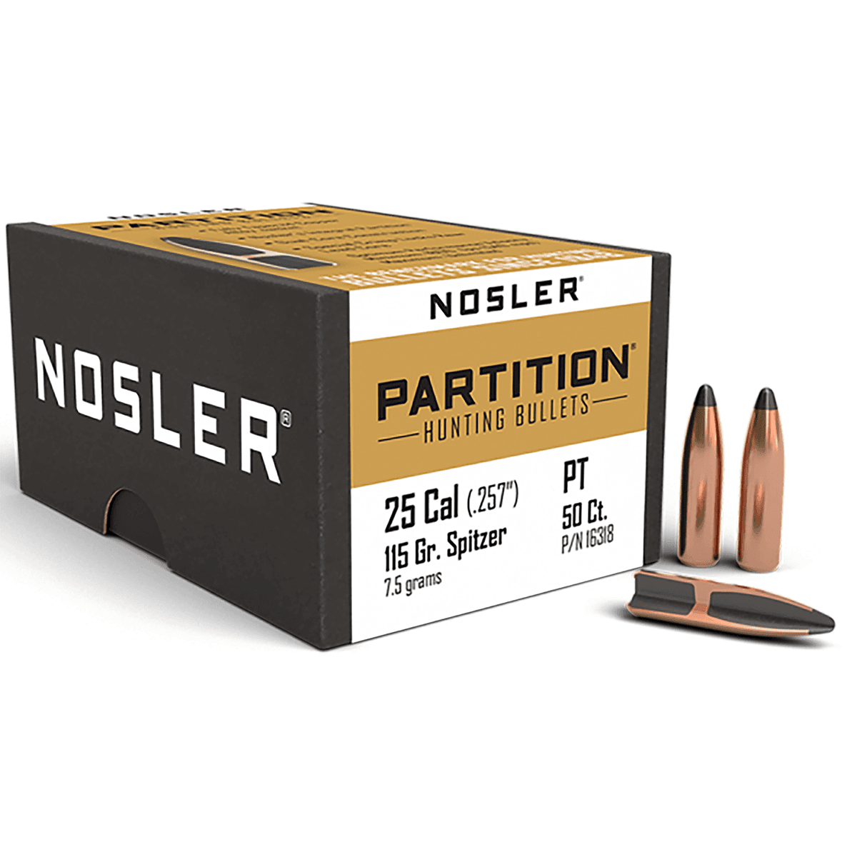Nosler 16318 Partition 25 Caliber .257 115 GR Spitzer 50 Box Nosler 16318 Partition 25 Caliber .257 115 GR Spitzer 50 Box