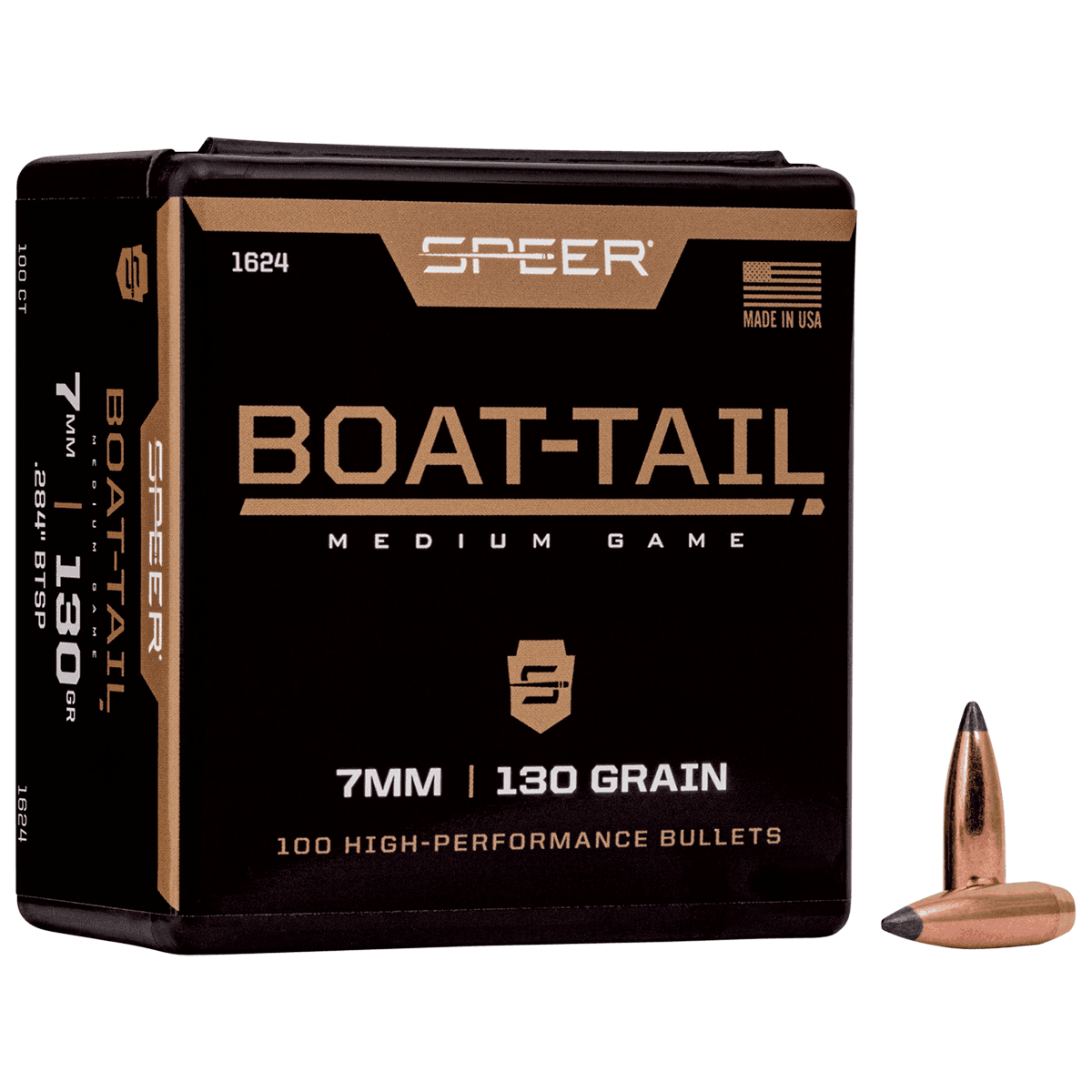 Speer 1624 Boat-Tail 7mm .284 130 gr Jacketed Soft Point Boat Tail 100 Per Box Speer 1624 Boat-Tail 7mm .284 130 gr Jacketed Soft Point Boat Tail 100 Per Box