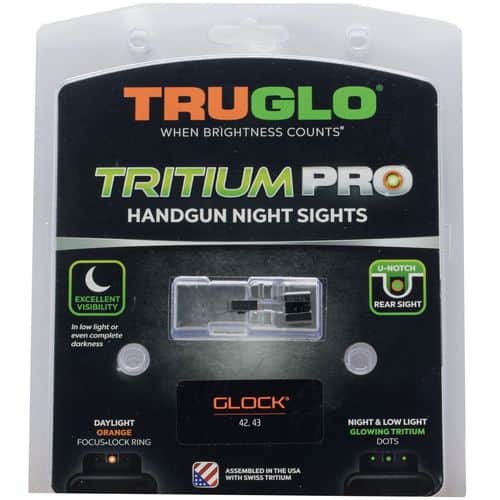 Truglo TG231G1AC Tritium Pro Night Sights fits Glock 42, 43 Square Green Tritium w/Orange Outline Front U-Notch Green w/Black Outline Rear Black Truglo TG231G1AC Tritium Pro Night Sights fits Glock 42, 43 Square Green Tritium w/Orange Outline Front U-Notch Green w/Black Outline Rear Black