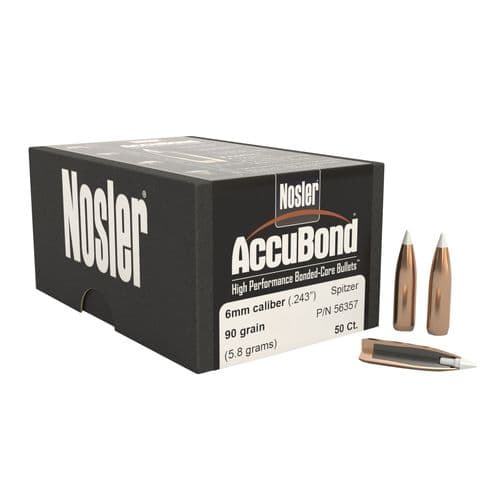 Nosler 56357 AccuBond 6mm .243 90 GR Spitzer Point 50 Box Nosler 56357 AccuBond 6mm .243 90 GR Spitzer Point 50 Box