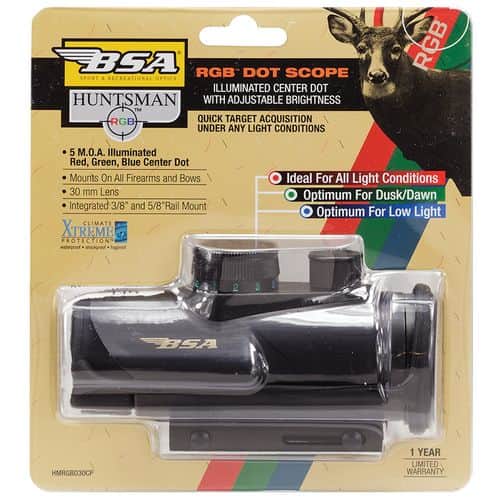 BSA HMRGBD30CP Huntsman 1x 30mm 5 MOA Illuminated Red/Green/Blue Dot Matte Black BSA HMRGBD30CP Huntsman 1x 30mm 5 MOA Illuminated Red/Green/Blue Dot Matte Black