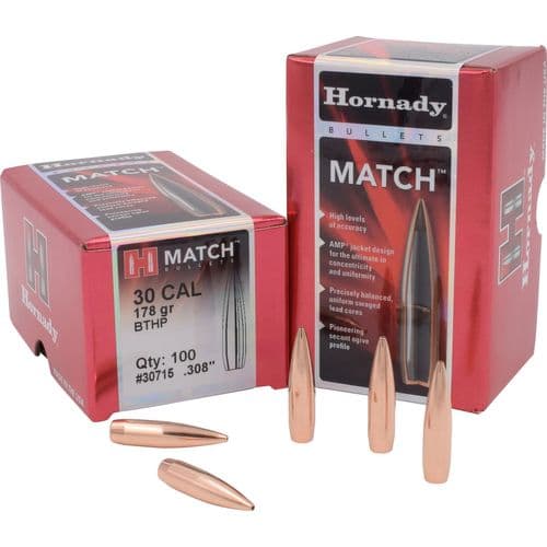 Hornady 30715 Match 30 Caliber .308 178 GR Boat Tail Hollow Point Match 100 Box Hornady 30715 Match 30 Caliber .308 178 GR Boat Tail Hollow Point Match 100 Box