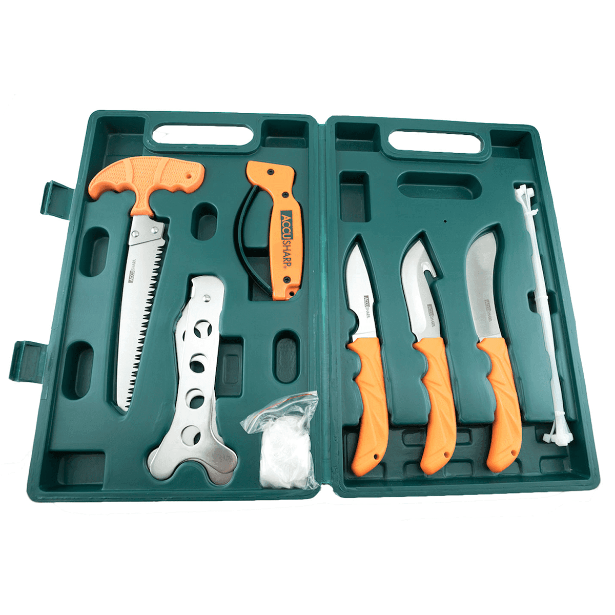 Accusharp 728C Game Processing Kit  Stainless Steel Butcher Knife/Caper Knife/Gut-Hook/Bone Saw/Ribcage Spreader Orange Rubber Handle Accusharp 728C Game Processing Kit  Stainless Steel Butcher Knife/Caper Knife/Gut-Hook/Bone Saw/Ribcage Spreader Orange Rubber Handle