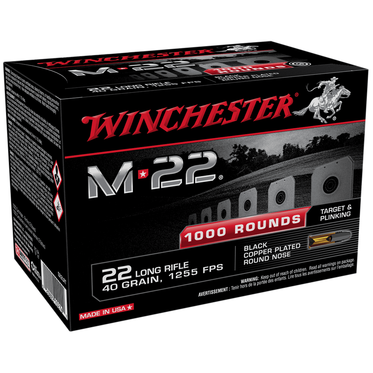 Winchester M-22 22 LR 40 gr Black Copper Plated Round Nose Rimfire Ammo Winchester M-22 22 LR 40 gr Black Copper Plated Round Nose Rimfire Ammo