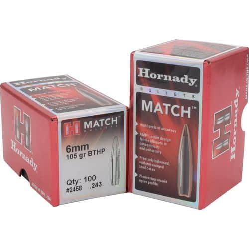 Hornady 24585 Match 6mm .243 105 GR Boat Tail Hollow Point Match 500 Box Hornady 24585 Match 6mm .243 105 GR Boat Tail Hollow Point Match 500 Box