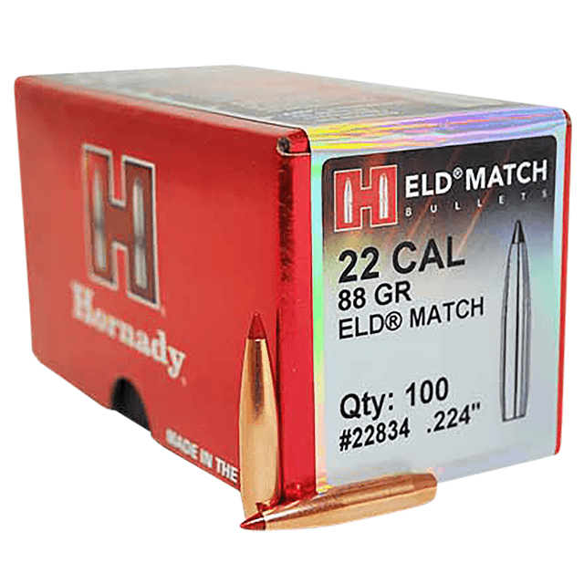 Hornady 22834 ELD Match 22 Cal .224 88 gr Extremely Low Drag Match 100 Per Box Hornady 22834 ELD Match 22 Cal .224 88 gr Extremely Low Drag Match 100 Per Box