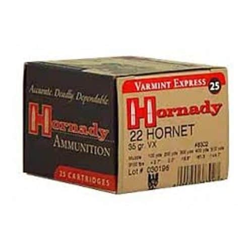 Hornady Varmint Express .22 Hornet Ammunition 25 Rounds 35 Grain Hornady V-Max Polymer Tip Projectile 3100fps Hornady Varmint Express .22 Hornet Ammunition 25 Rounds 35 Grain Hornady V-Max Polymer Tip Projectile 3100fps