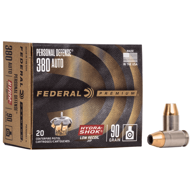 Federal PD380HS1H Premium Personal Defense Low Recoil 380 ACP 90 gr Hydra Shok Jacketed Hollow Point 20 Per Box Federal PD380HS1H Premium Personal Defense Low Recoil 380 ACP 90 gr Hydra Shok Jacketed Hollow Point 20 Per Box