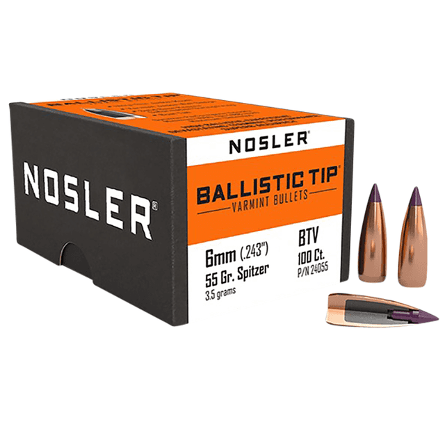 Nosler 24055 Ballistic Tip Varmint 6mm .243 55 GR Spitzer 100 Box Nosler 24055 Ballistic Tip Varmint 6mm .243 55 GR Spitzer 100 Box