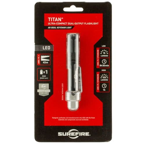 Surefire Titan Ultra-Compact EDC LED Flashlight Dual Output 125/15 Lumens AAA NiMH Black Surefire Titan Ultra-Compact EDC LED Flashlight Dual Output 125/15 Lumens AAA NiMH Black