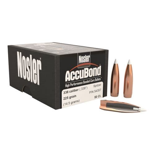 Nosler 54357 AccuBond 338 Caliber .338 225 GR Spitzer Point 50 Box Nosler 54357 AccuBond 338 Caliber .338 225 GR Spitzer Point 50 Box