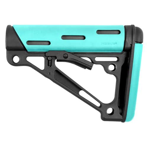 Hogue 13440 OverMolded Collapsible Buttstock AR-15 Mil-Spec Rubber Black/Aqua Hogue 13440 OverMolded Collapsible Buttstock AR-15 Mil-Spec Rubber Black/Aqua