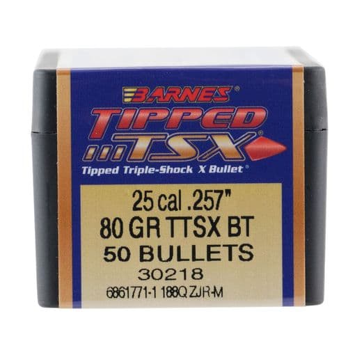 Barnes Bullets 30218 Tipped TSX25 Caliber .257 80 GR TTSX Boat Tail 50 Box Barnes Bullets 30218 Tipped TSX25 Caliber .257 80 GR TTSX Boat Tail 50 Box