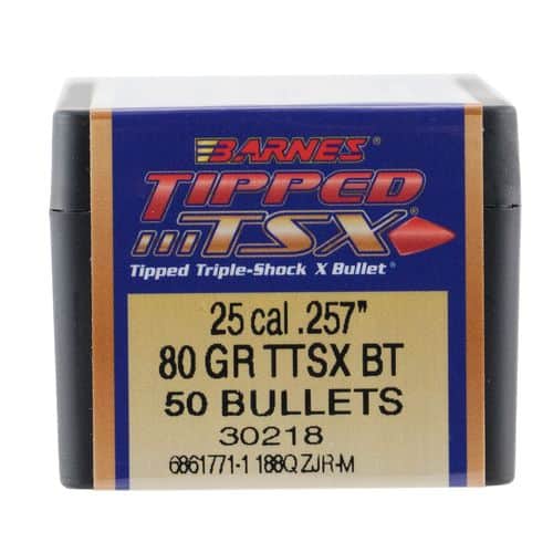 Barnes Bullets 30218 Tipped TSX25 Caliber .257 80 GR TTSX Boat Tail 50 Box Barnes Bullets 30218 Tipped TSX25 Caliber .257 80 GR TTSX Boat Tail 50 Box