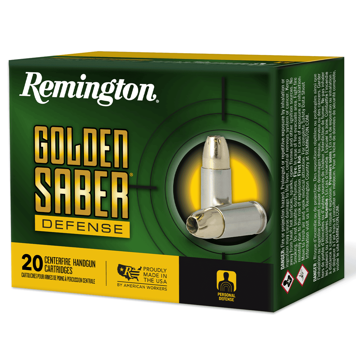 Remington Ammunition 27605 Golden Saber Defense 380 ACP 102 gr Brass Jacket Hollow Point 20 Per Box Remington Ammunition 27605 Golden Saber Defense 380 ACP 102 gr Brass Jacket Hollow Point 20 Per Box