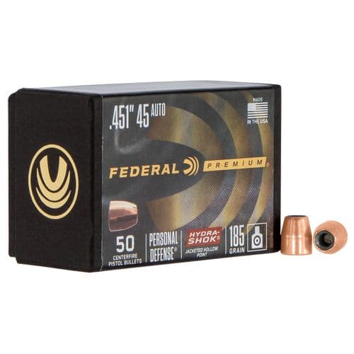 Federal PB45HS185 Hydra-Shok Component 45 Caliber .451 185 GR Jacketed Hollow Point 50 Box Federal PB45HS185 Hydra-Shok Component 45 Caliber .451 185 GR Jacketed Hollow Point 50 Box