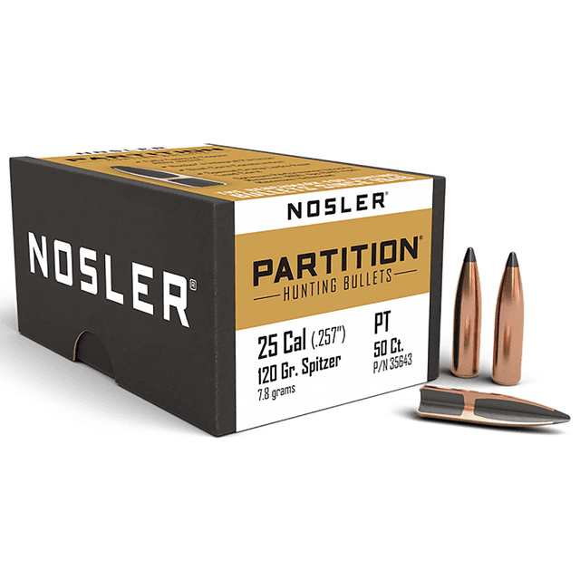 Nosler 35643 Partition 25 Caliber .257 120 GR Spitzer 50 Box Nosler 35643 Partition 25 Caliber .257 120 GR Spitzer 50 Box