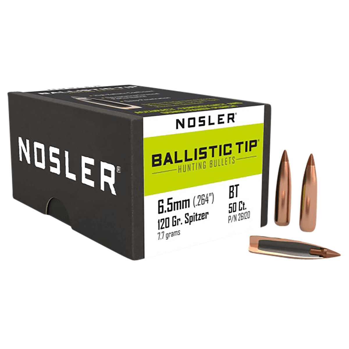 Nosler 26120 Ballistic Tip 6.5mm .264 120 GR Spitzer/ 50 Per Box Nosler 26120 Ballistic Tip 6.5mm .264 120 GR Spitzer/ 50 Per Box