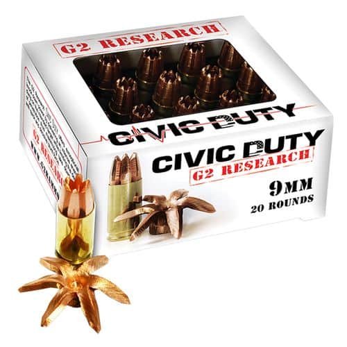 G2 Research CIVIC 9MM Civic Duty 9mm Luger 100 gr Copper Expansion Projectile 20 Bx/ 25 Cs G2 Research CIVIC 9MM Civic Duty 9mm Luger 100 gr Copper Expansion Projectile 20 Bx/ 25 Cs