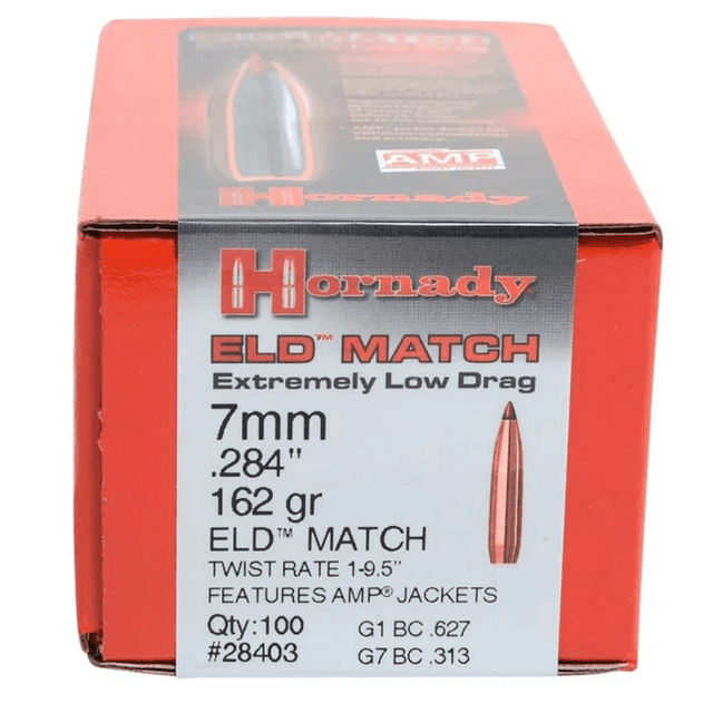 Hornady ELD Match 284 Cal/7mm (284 Diameter) 162 Grain Bullets Boat Tail 100 Count Box Hornady ELD Match 284 Cal/7mm (284 Diameter) 162 Grain Bullets Boat Tail 100 Count Box