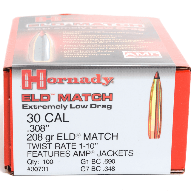 Hornady ELD Match 30 Caliber (.308 Diameter) 208 Grain Bullets Boat Tail 100 Count Box Hornady ELD Match 30 Caliber (.308 Diameter) 208 Grain Bullets Boat Tail 100 Count Box