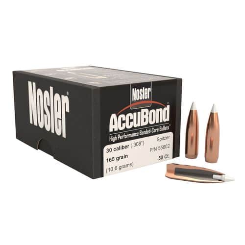 Nosler 55602 AccuBond 30 Caliber .308 165 GR Spitzer Point 50 Box Nosler 55602 AccuBond 30 Caliber .308 165 GR Spitzer Point 50 Box