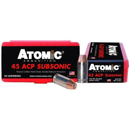 Atomic 00439 Pistol Subsonic 45 ACP Subsonic 250 gr Bonded Match Hollow Point 50 Bx/ 10 Cs Atomic 00439 Pistol Subsonic 45 ACP Subsonic 250 gr Bonded Match Hollow Point 50 Bx/ 10 Cs